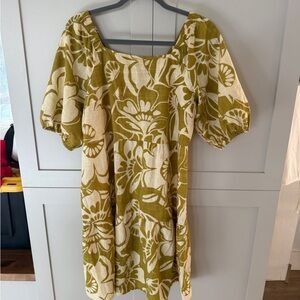 Mlle Gabrielle Floral Green and Cream Dress Size L 100% Cotton